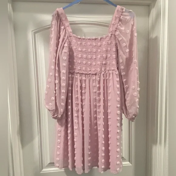 Pink Textured Dot Smocked Square Neck Chiffon Maternity Dress - Picture 3 of 3